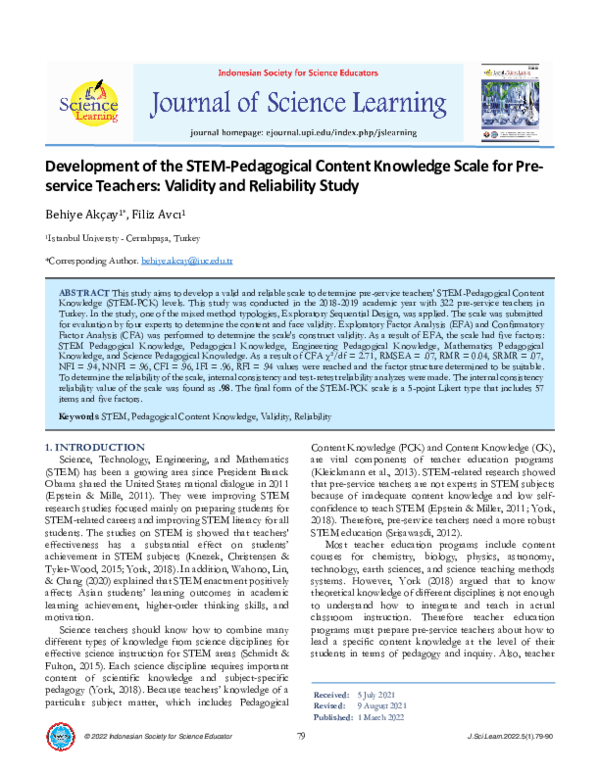 (PDF) Development of the STEM-Pedagogical Content Knowledge Scale for ...