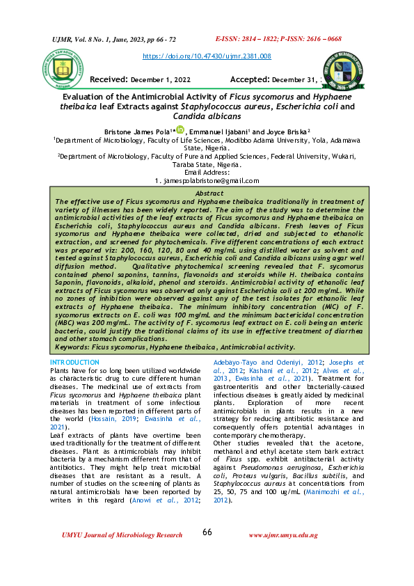 (PDF) Evaluation of the Antimicrobial Activity of Ficus sycomorus and ...