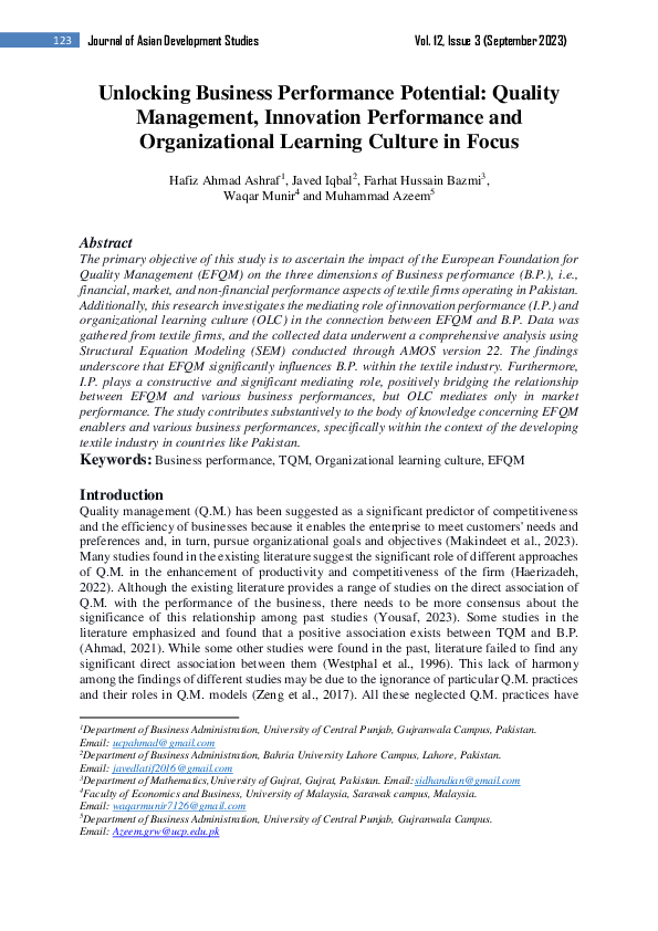 (PDF) Unlocking Business Performance Potential: Quality Management ...