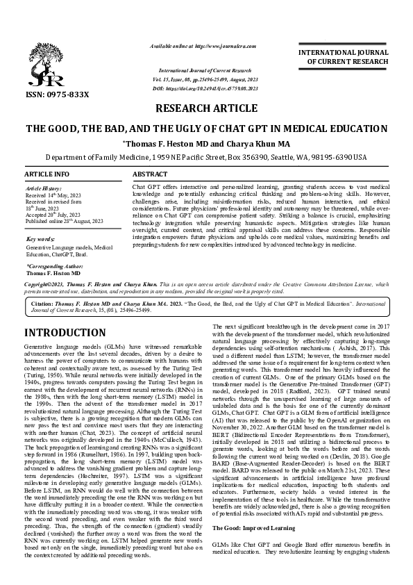 (PDF) The good, the bad, and the ugly of chat GPT in medical education
