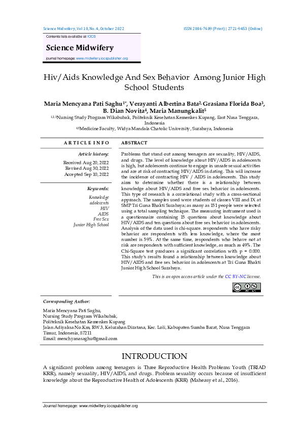 (PDF) Hiv/Aids Knowledge And Sex Behavior Among Junior High School Students