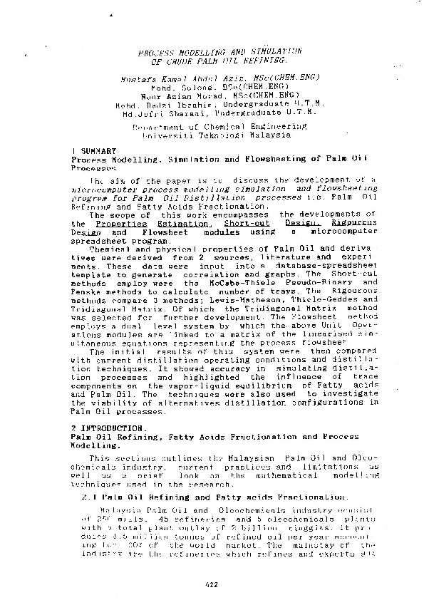 (PDF) Process modelling and simulation of crude palm oil refining