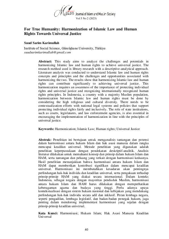 (PDF) For True Humanity: Harmonization of Islamic Law and Human Rights ...