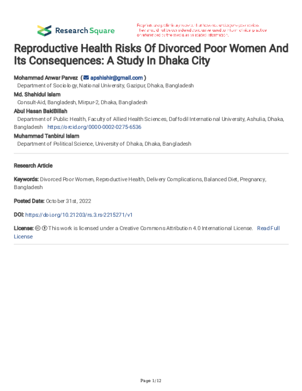 (PDF) Reproductive Health Risks Of Divorced Poor Women And Its ...