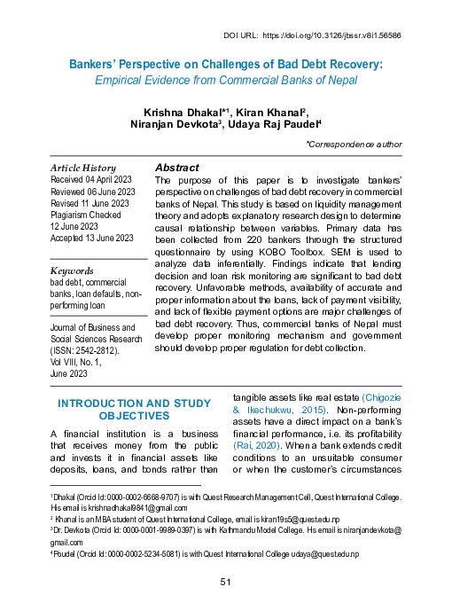 (PDF) Bankers’ Perspective on Challenges of Bad Debt Recovery ...