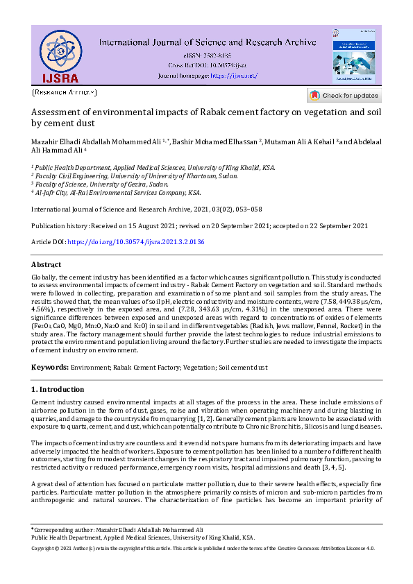 (PDF) Assessment of environmental impacts of Rabak cement factory on ...
