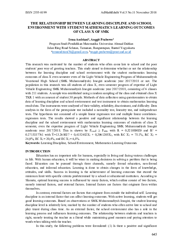 (PDF) The Relationship Between Learning Discipline and School ...