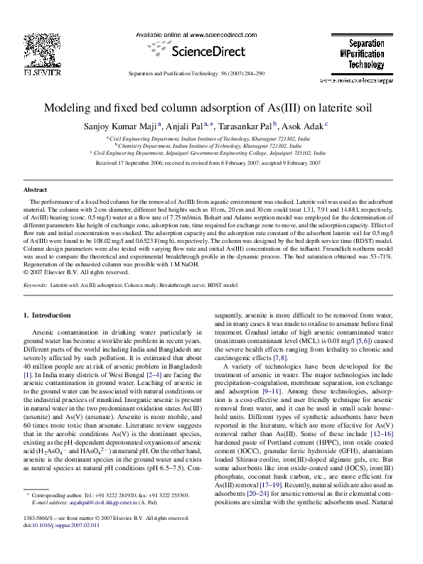 (PDF) Modeling and fixed bed column adsorption of As(III) on laterite soil