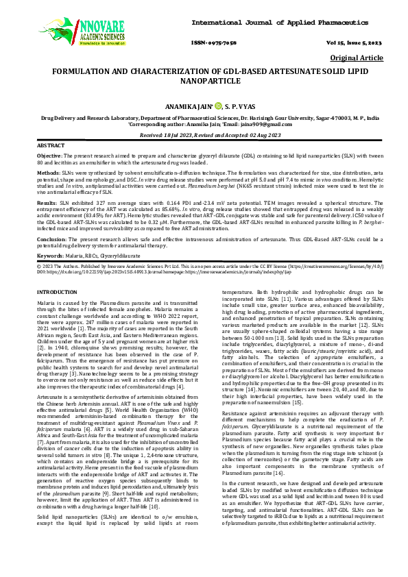 (PDF) FORMULATION AND CHARACTERIZATION OF GDL-BASED ARTESUNATE SOLID ...