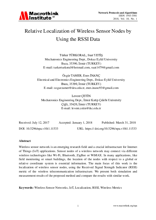 (PDF) Relative Localization of Wireless Sensor Nodes by Using the RSSI Data