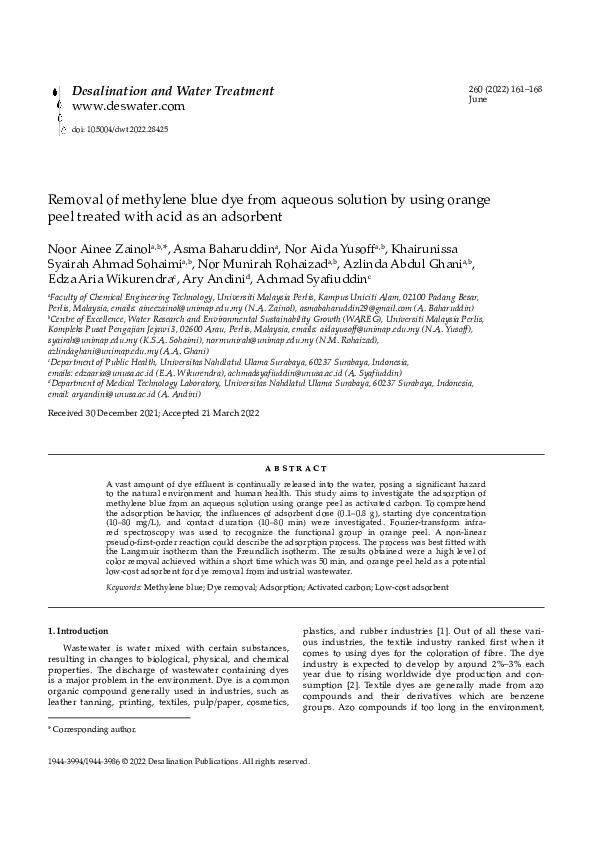 (PDF) Removal of methylene blue dye from aqueous solution by using ...