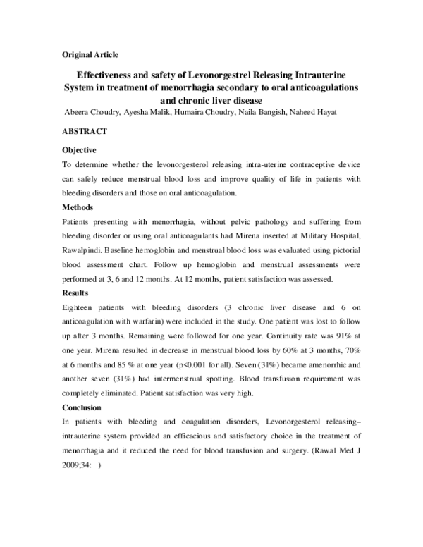 (PDF) Effectiveness and Safety of Levonorgestrel Releasing Intrauterine ...