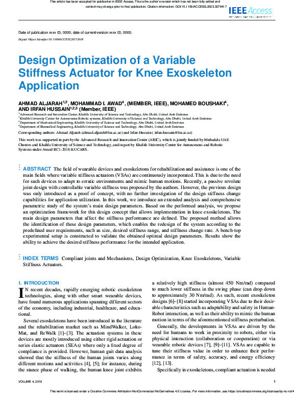 (PDF) Design Optimization of a Variable Stiffness Actuator for Knee ...
