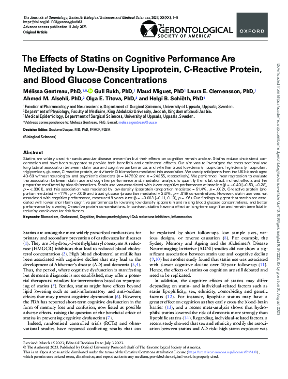 (PDF) The Effects of Statins on Cognitive Performance Are Mediated by ...