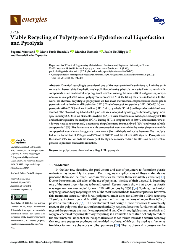 (PDF) Viable Recycling of Polystyrene via Hydrothermal Liquefaction and ...