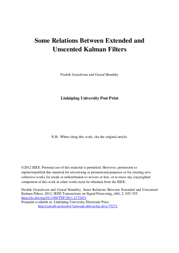 (PDF) Some Relations Between Extended and Unscented Kalman Filters