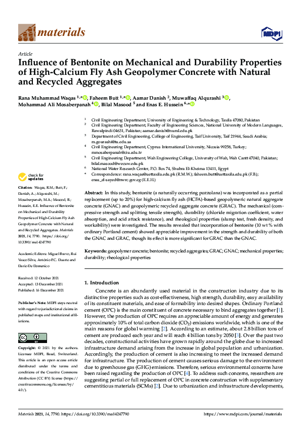 (PDF) Influence of Bentonite on Mechanical and Durability Properties of ...