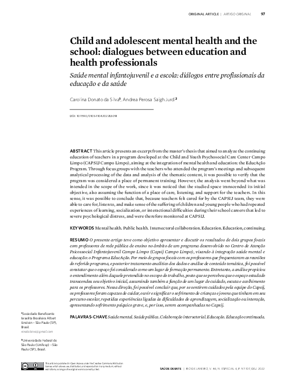 (PDF) Child and adolescent mental health and the school: dialogues ...