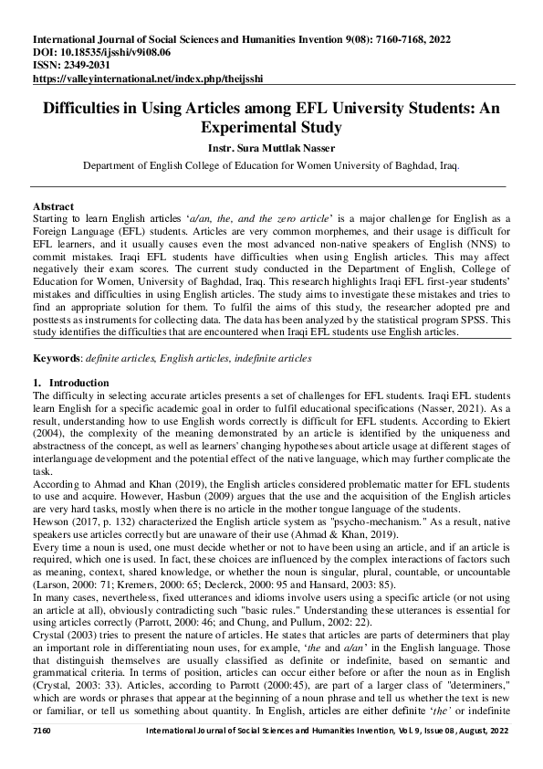 (PDF) Difficulties in Using Articles among EFL University Students: An ...