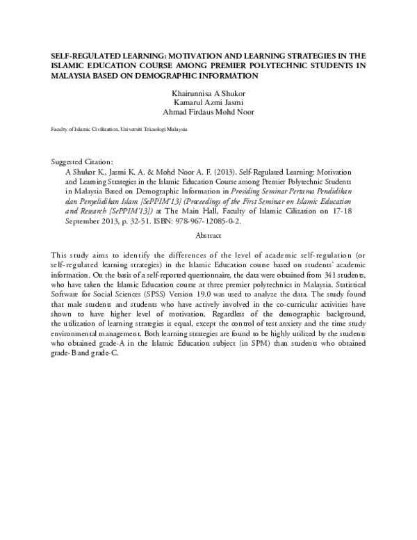 (PDF) Self-regulated Learning: Motivation and Learning Strategies in ...
