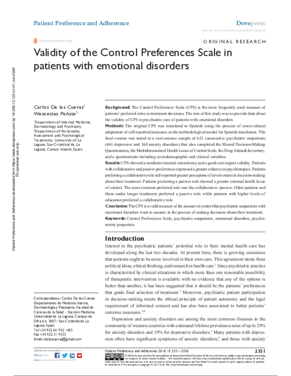 (PDF) Validity of the Control Preferences Scale in patients with ...
