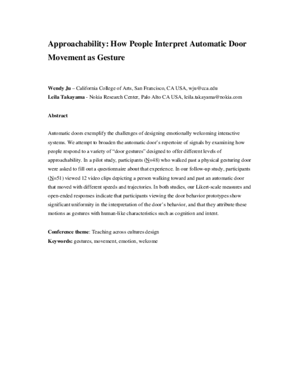 (PDF) Approachability: How People Interpret Automatic Door Movement as ...