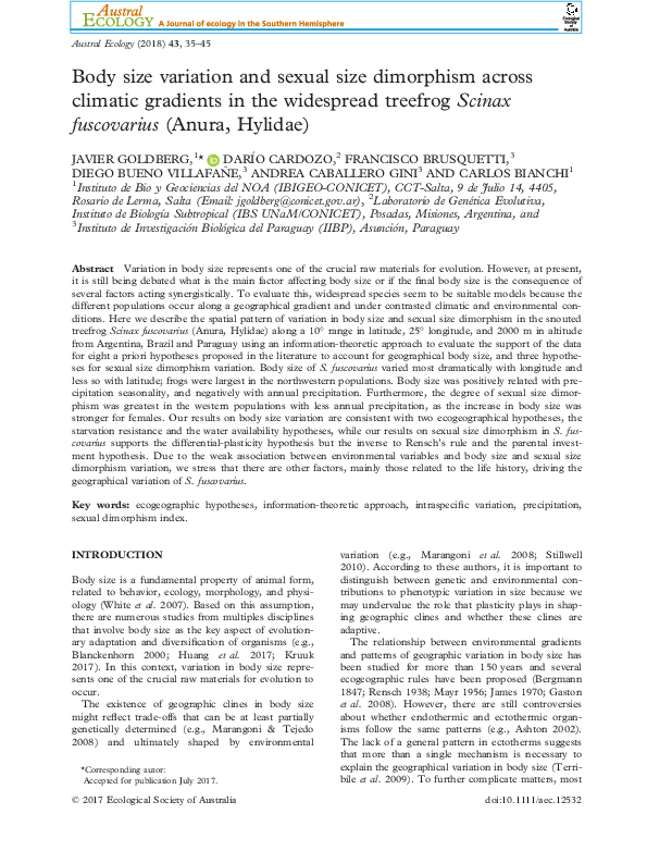 (PDF) Body size variation and sexual size dimorphism across climatic ...