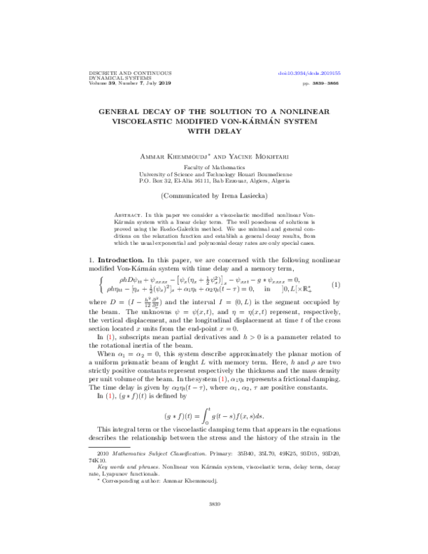 (PDF) General decay of the solution to a nonlinear viscoelastic ...