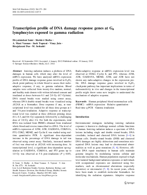 (PDF) Transcription profile of DNA damage response genes at G0 ...