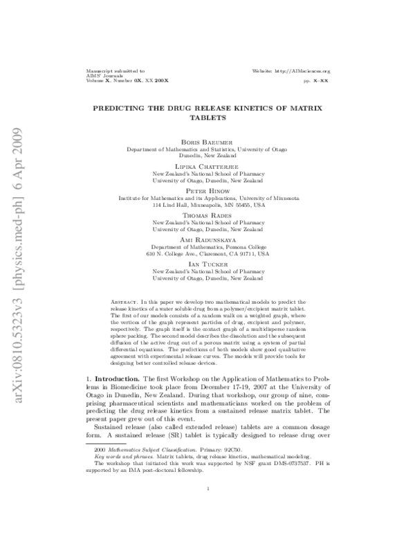 (PDF) Predicting the drug release kinetics of matrix tablets | Thomas ...