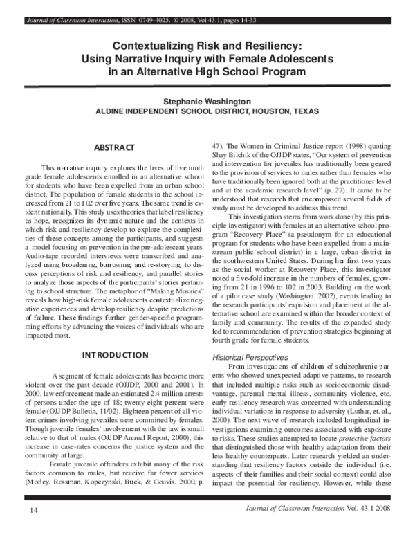 (PDF) Contextualizing Risk and Resiliency: Using Narrative Inquiry with ...