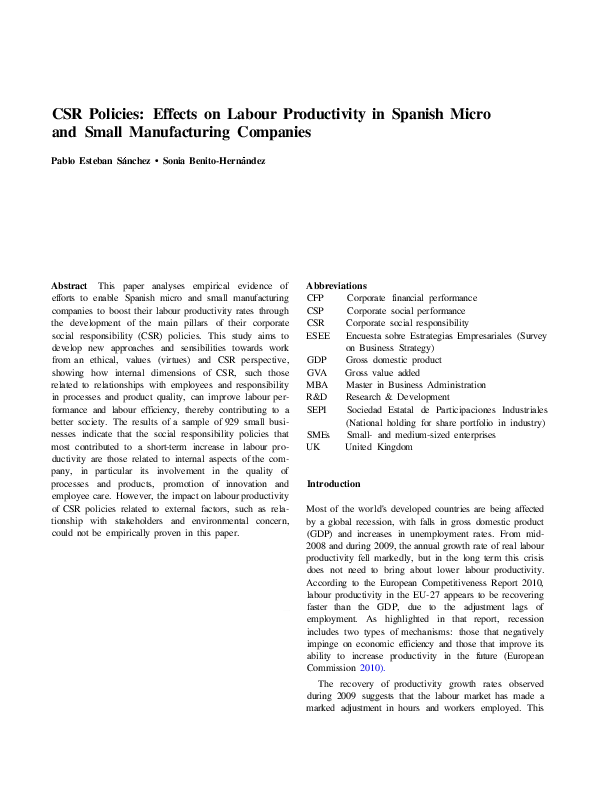 (PDF) CSR Policies: Effects on Labour Productivity in Spanish Micro and ...