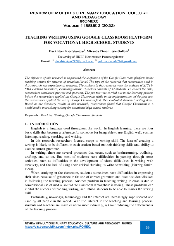 (PDF) Teaching Writing Using Google Classroom Platform for Vocational ...