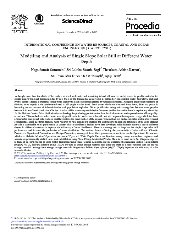 (PDF) Modelling and Analysis of Single Slope Solar Still at Different ...