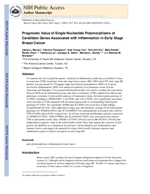 (PDF) Prognostic value of single nucleotide polymorphisms of candidate ...
