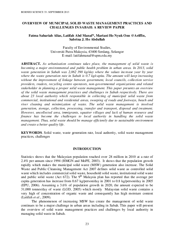 (PDF) Overview of municipal solid waste management practices and ...