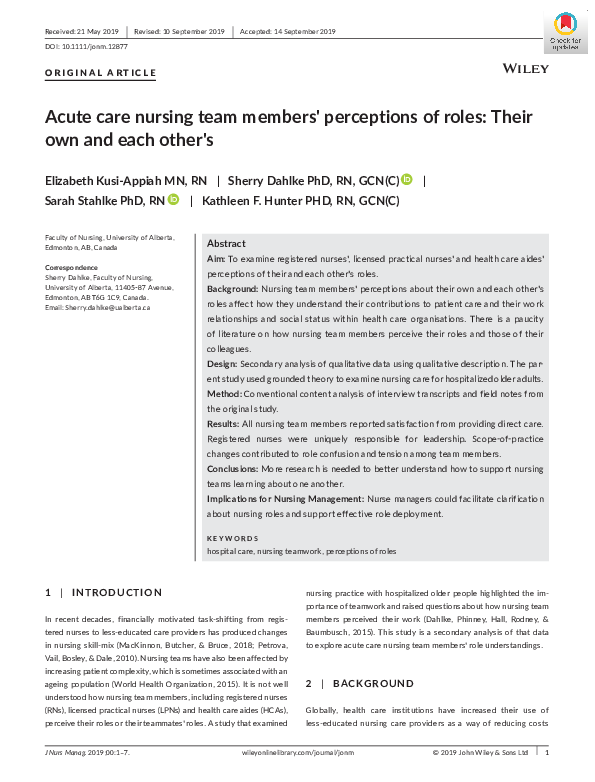 (PDF) Acute care nursing team members' perceptions of roles: Their own ...