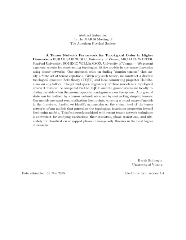 (PDF) A Tensor Network Framework for Topological Order in Higher Dimensions