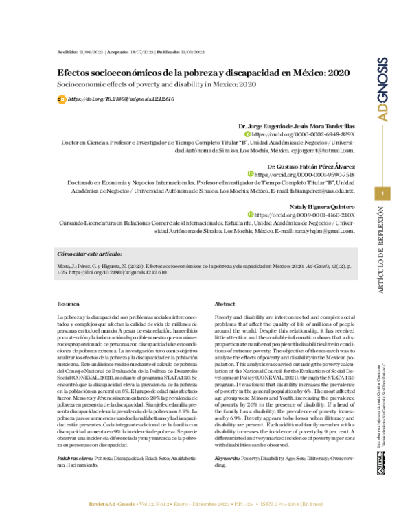 (PDF) Efectos socioeconómicos de la pobreza y discapacidad en México: 2020