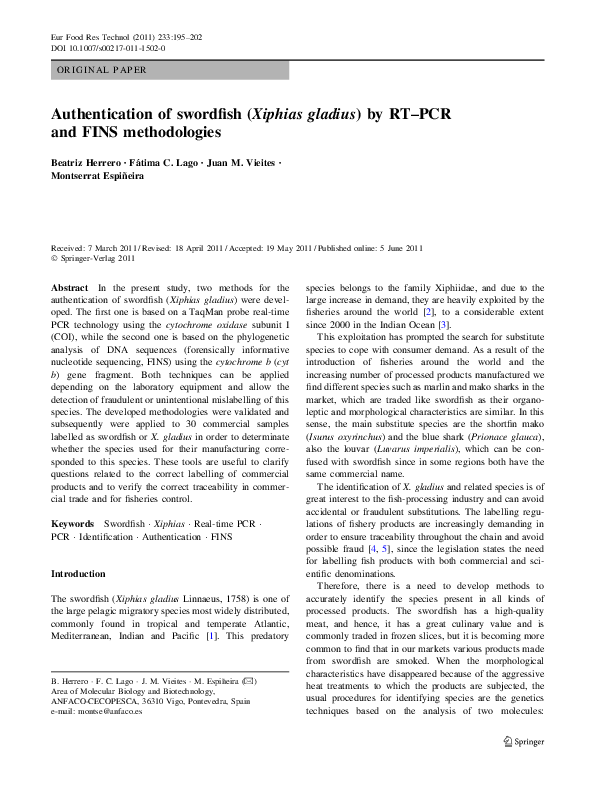 (PDF) Authentication of swordfish (Xiphias gladius) by RT–PCR and FINS ...