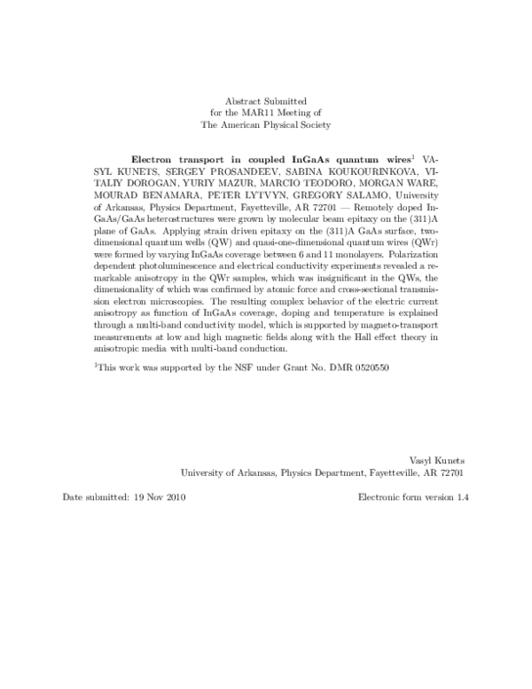 (PDF) Electron transport in coupled InGaAs quantum wires
