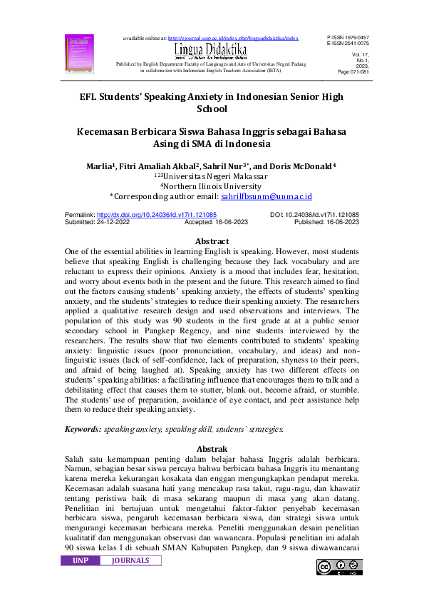 (PDF) EFL Students' Speaking Anxiety in Indonesian Senior High School
