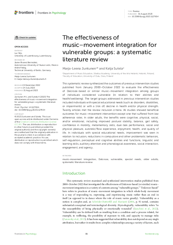 (PDF) The effectiveness of music-movement integration for vulnerable ...