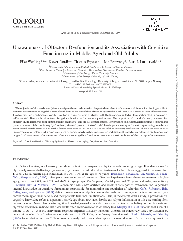 (PDF) Unawareness of Olfactory Dysfunction and its Association with ...