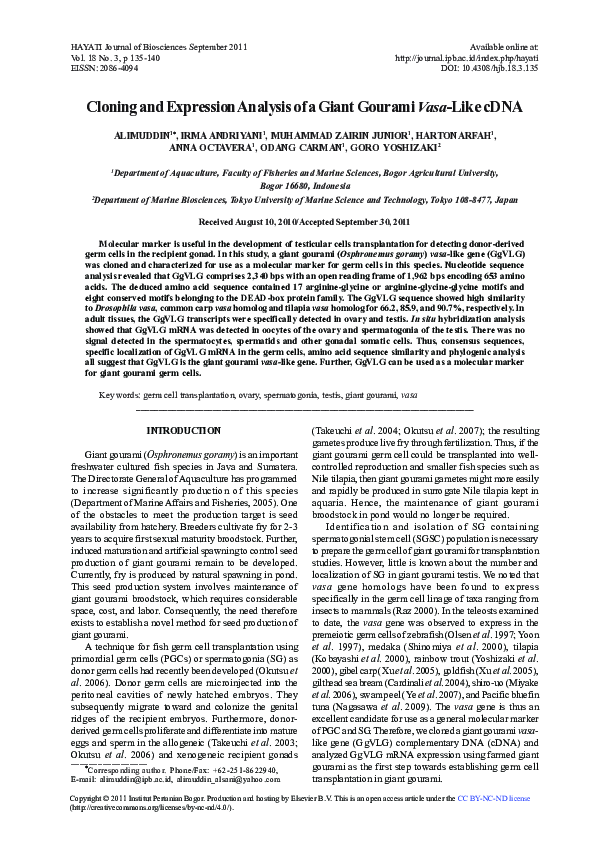 (PDF) Cloning and Expression Analysis of a Giant Gourami Vasa-Like cDNA
