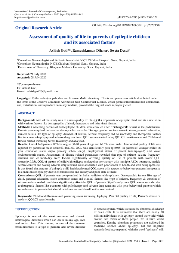 (PDF) Assessment of quality of life in parents of epileptic children ...