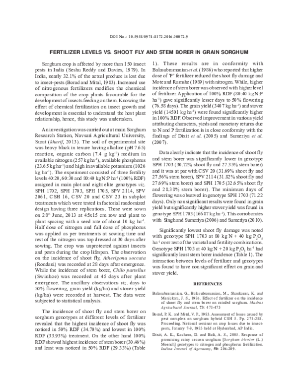 (PDF) FERTILIZER LEVELS VS. SHOOT FLY AND STEM BORER IN GRAIN
