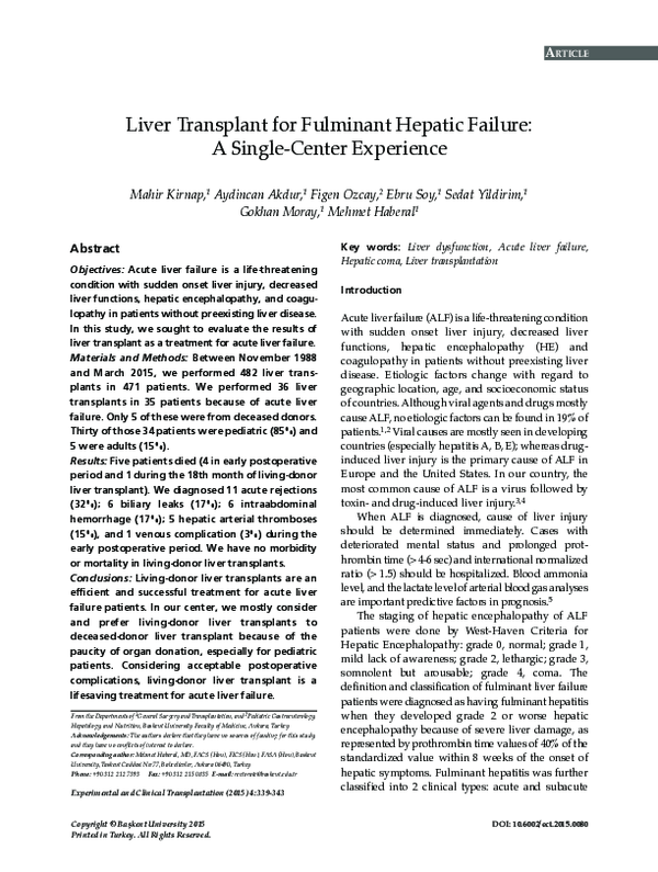 (PDF) Liver Transplant for Fulminant Hepatic Failure: A Single-Center ...
