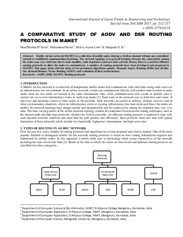 (PDF) A Comparative Study of Aodv and DSR Routing Protocols in Manet