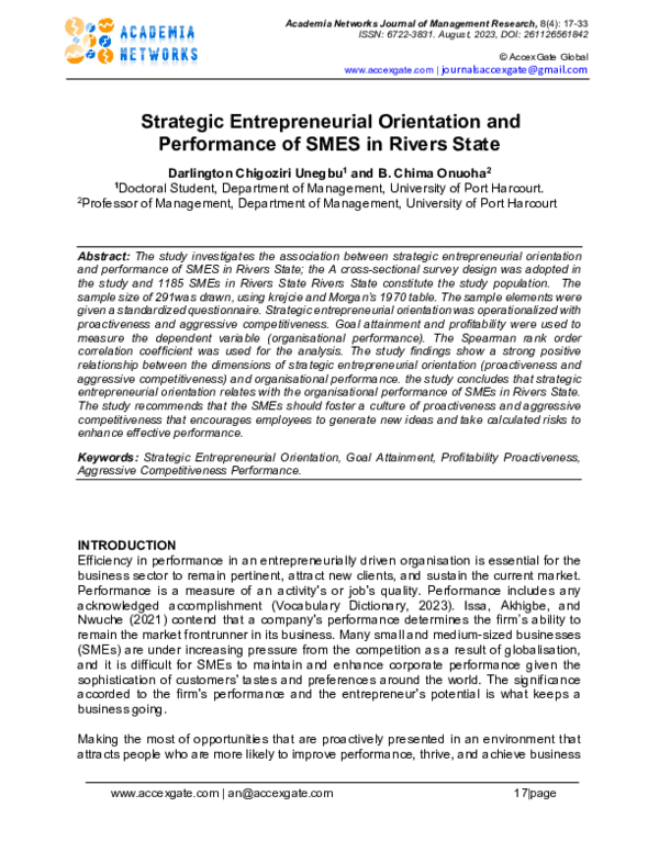 (PDF) Strategic Entrepreneurial Orientation and Performance of SMES in ...